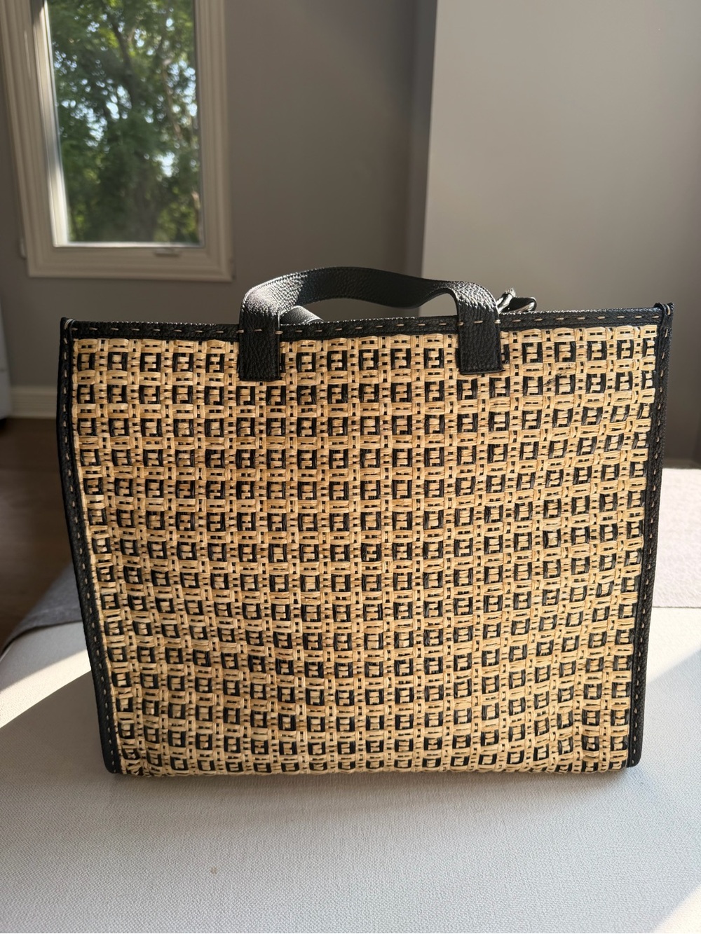 Fendi Two-Tone Raffia Tote with Black Trim